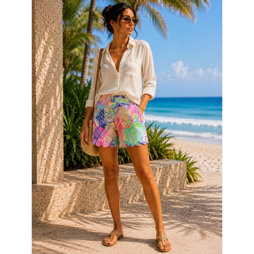 Lilly Pulitzer Callahan Scalloped Shorts Womens S Pink Green Shell Resort Preppy - Picture 1 of 10
